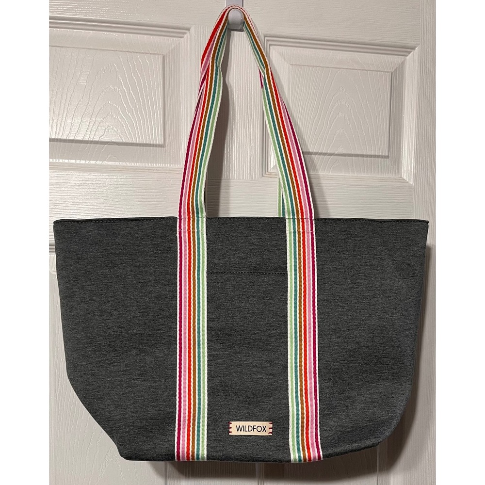Wildfox Heather Grey Jersey Tote Bag Rainbow Striped Straps Zip Top Carryall